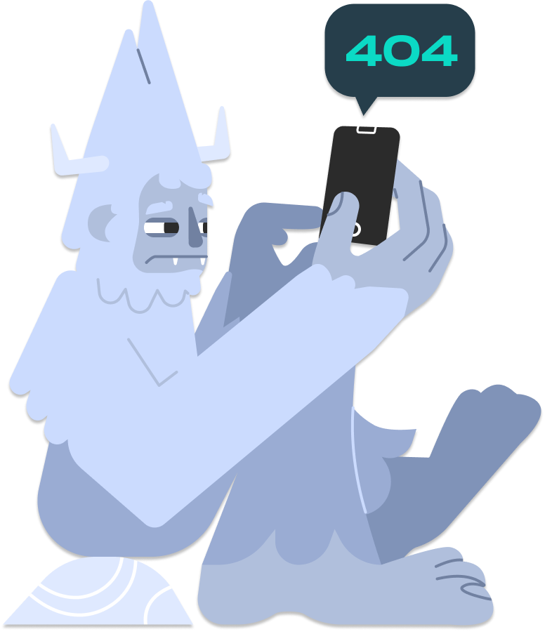 Imagem cartunizada de um monstro segurando o celular com erro 404